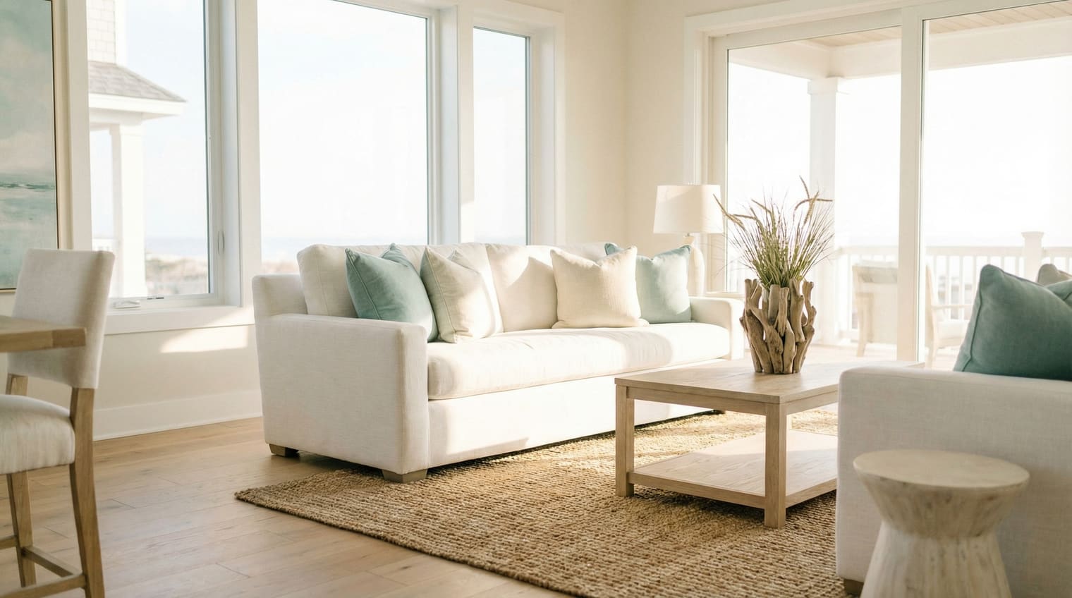 Bright, airy coastal living room with teal accents and natural light